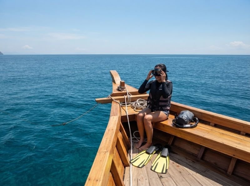 buatkan gambar ukuran 800x600 Snorkeler preparing for a whale shark trip in Sumbawa