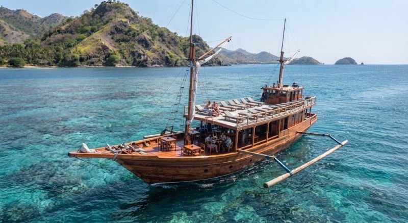 paserang island boat trip with travelers crossing coastal water in Sumbawa