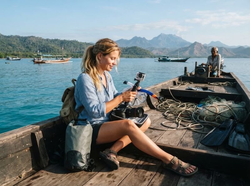 solo traveler preparing for a whale shark trip in Saleh Bay Sumbawa