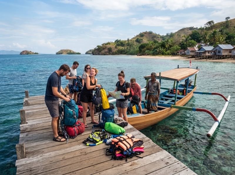 travelers preparing for a boat departure in Sumbawa
