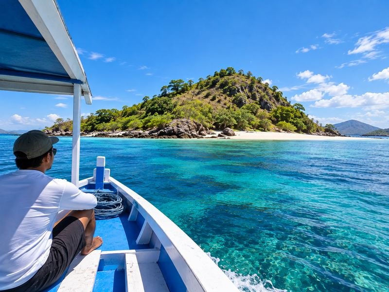 Private boat approaching Medang Island in Sumbawa