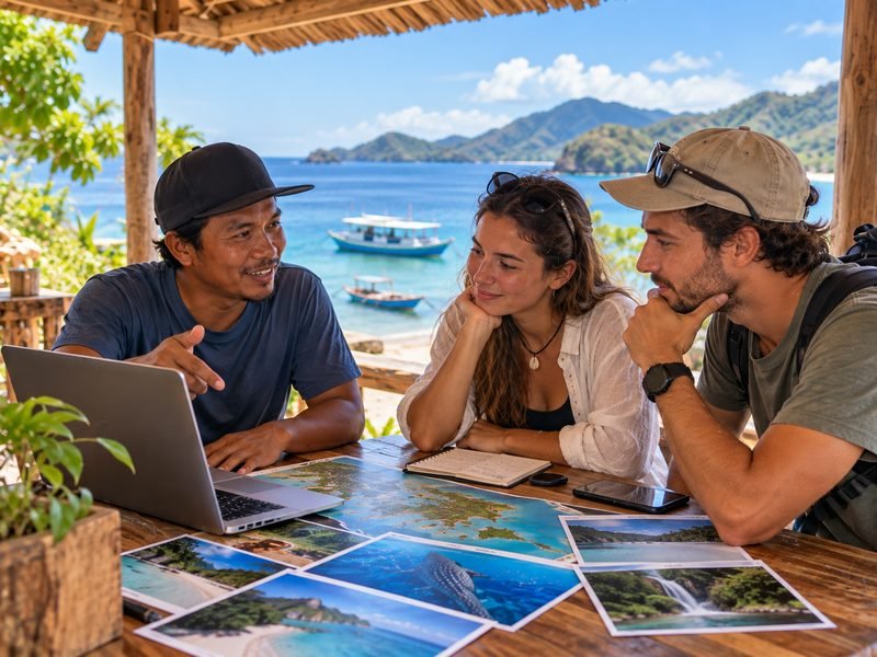 Traveler discussing a Sumbawa tour booking with a local team