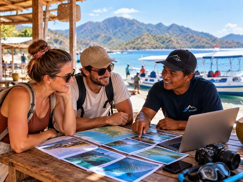 Travelers discussing a Sumbawa tour booking before departure