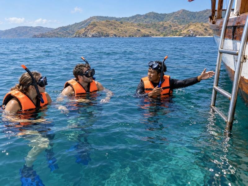 Confident swimmers with a local guide in Saleh Bay