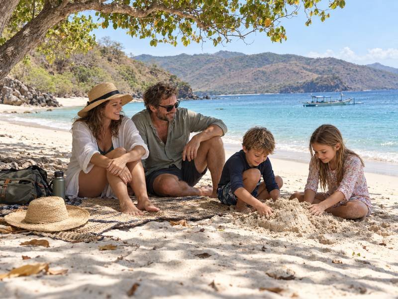 Family enjoying a quiet beach stop during a private Sumbawa trip