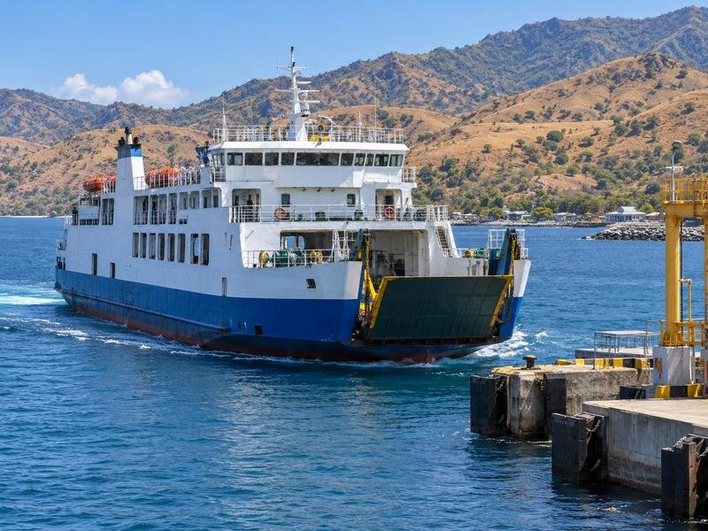 Ferry arriving at Poto Tano harbour in western Sumbawa