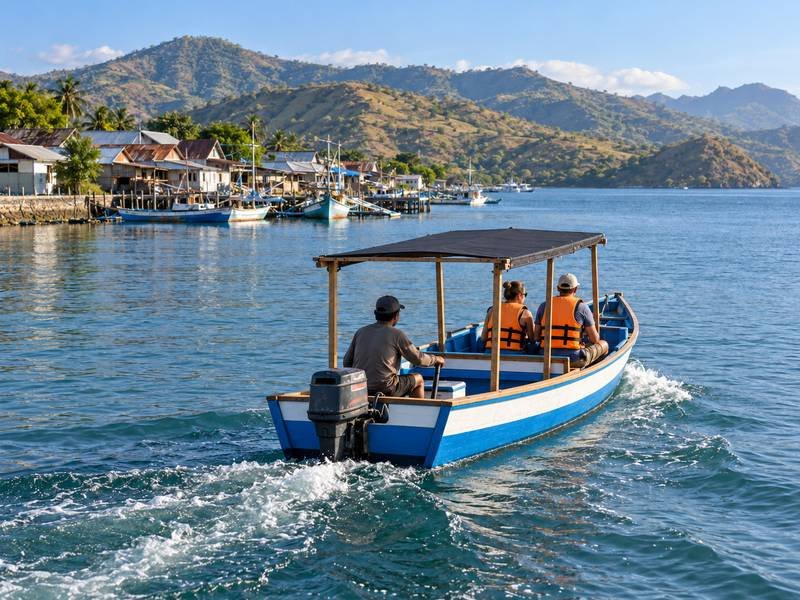 Local boat leaving Labuhan Jambu for Saleh Bay