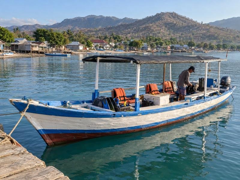 Local boat near Labuhan Jambu before a whale shark snorkeling trip