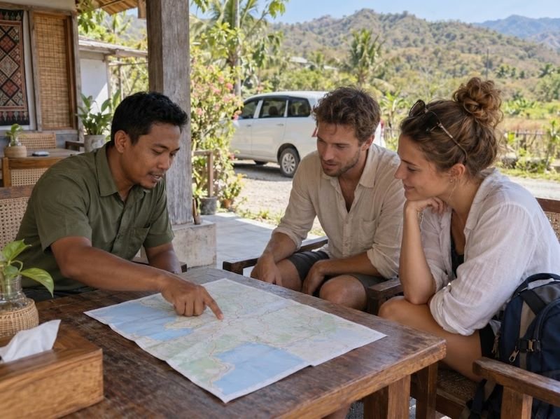 Local driver discussing a Sumbawa route with travelers