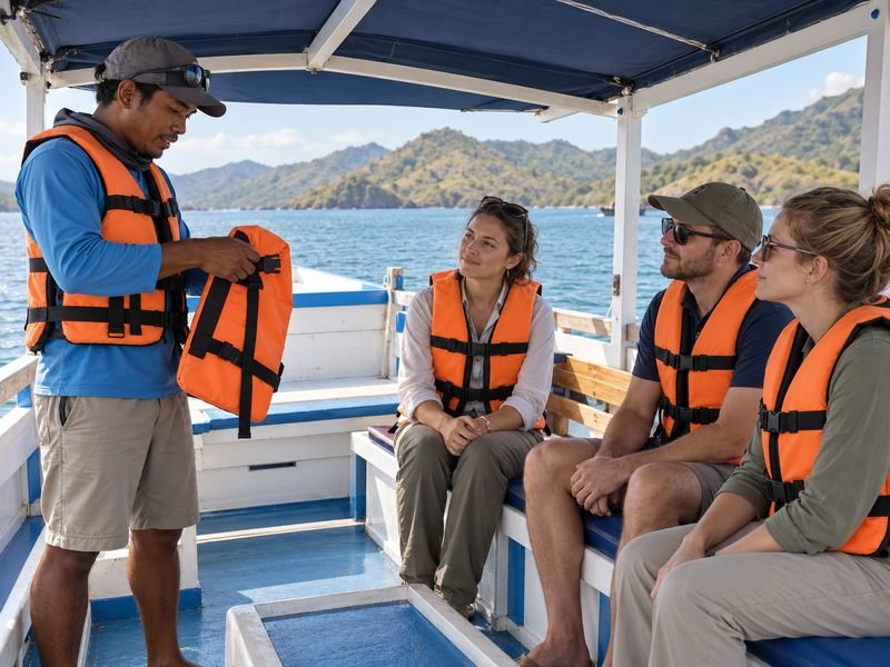Local guide briefing travellers before a Saleh Bay boat trip