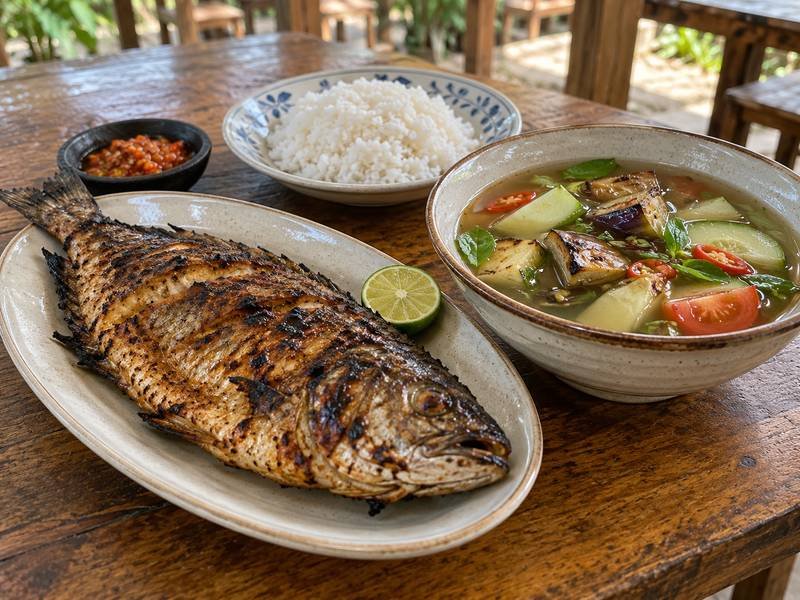 Sepat with grilled fish and tangy broth at a local Sumbawa restaurant