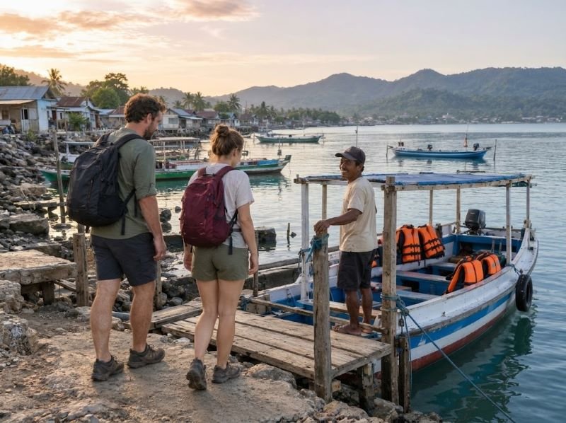 Travelers arriving in Labuhan Jambu before a boat trip