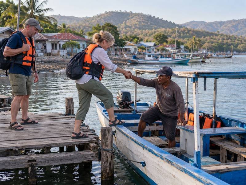 Travelers preparing to board a local boat near Labuhan Jambu