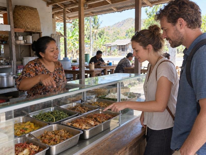 Travelers choosing lunch at a small local warung in Sumbawa