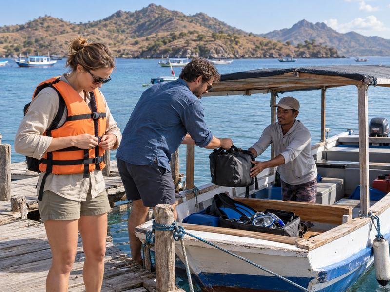 Travelers preparing for an island boat trip