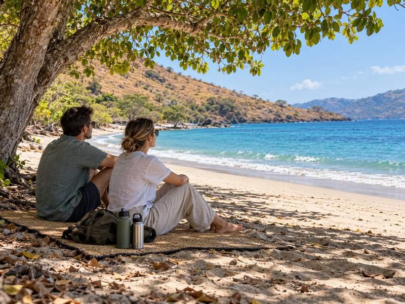 Travellers resting in shade on Sumbawa beach