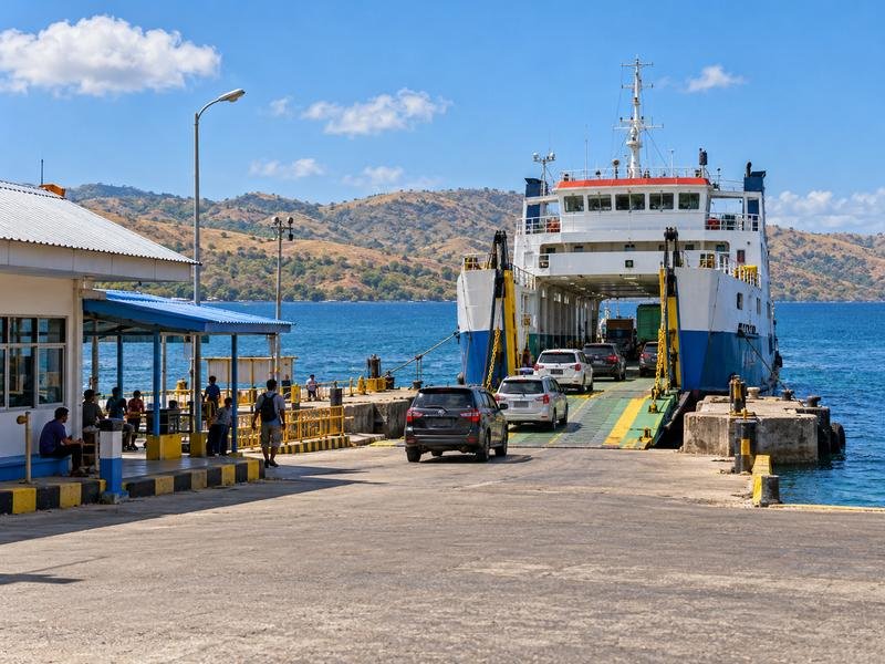 Ferry arrival area at Poto Tano before an overland journey to Maluk
